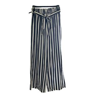 Shein Navy Blue and White Striped Wide-Leg Pants